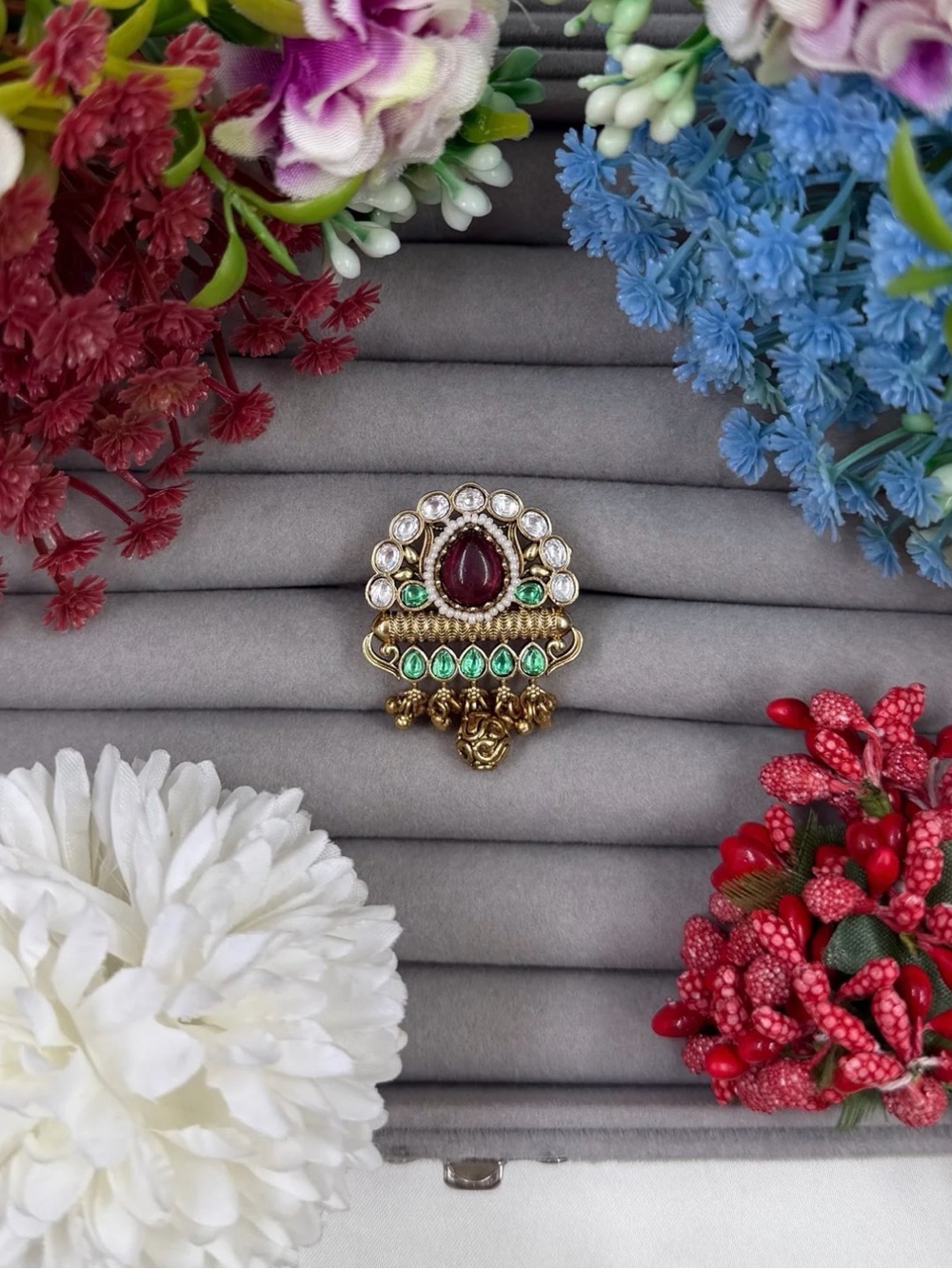 Traditional Gold-Tone Brooch with Red and Green Stones - Women Jewelry